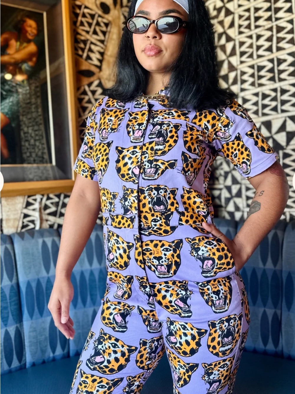 Nooworks Lilac will Jumpsuit with Yellow cheetah head print - Picture 2 of 7
